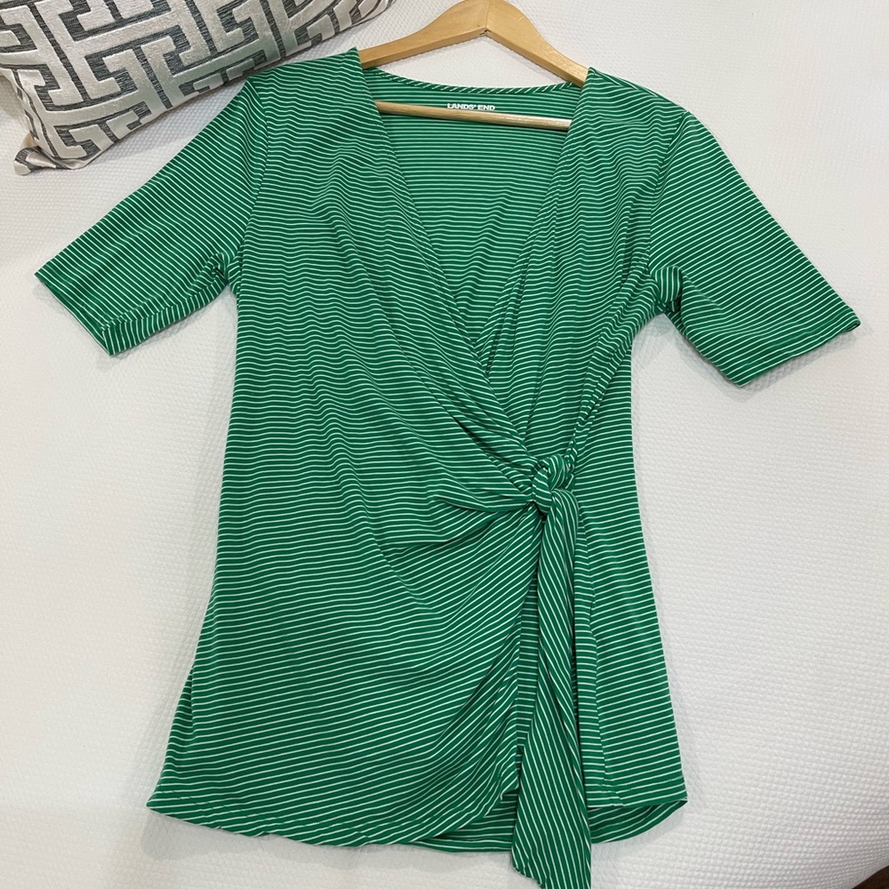 NWOT! Lands' End Green and White Striped Lightweight Jersey Blouse